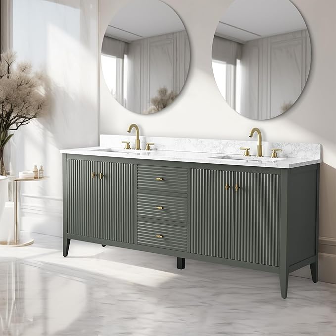Vanity Art 72 inch Bathroom Vanity with Double Sink & Ceramic Top, Vanity Cabinet with Soft-Closing Door, Solid Wood Frame, Linear Pattern, Vintage Green, Golden Brushed Handware VA9172-DVG-GB