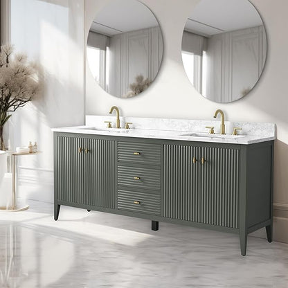 Vanity Art 72 inch Bathroom Vanity with Double Sink & Ceramic Top, Vanity Cabinet with Soft-Closing Door, Solid Wood Frame, Linear Pattern, Vintage Green, Golden Brushed Handware VA9172-DVG-GB