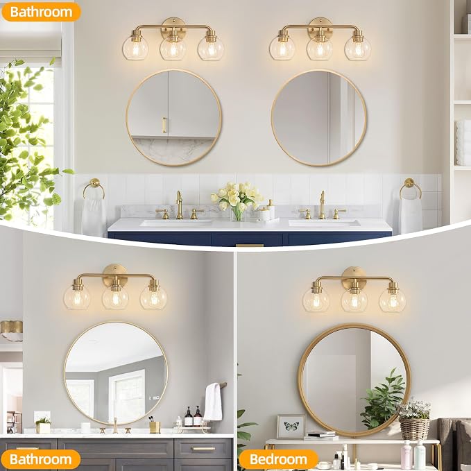 Bathroom Light Fixtures Gold Vanity Light 3 Light Brushed Brass | Wall Sconces Lighting with Clear Globe Glass Shades Bath Wall Lamp for Mirror Kitchen Living Room Bedroom Hallway