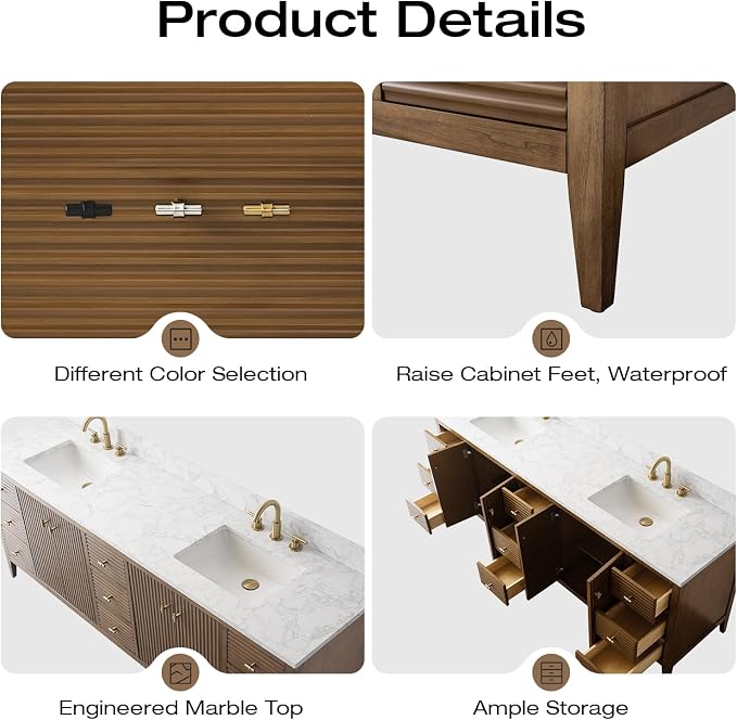 Vanity Art 84 inch Bathroom Vanity with Double Sink & Ceramic Top, Vanity Cabinet with Soft-Closing Door, Solid Wood Frame, Linear Pattern, Walnut, Golden Brushed Handware,Walnut