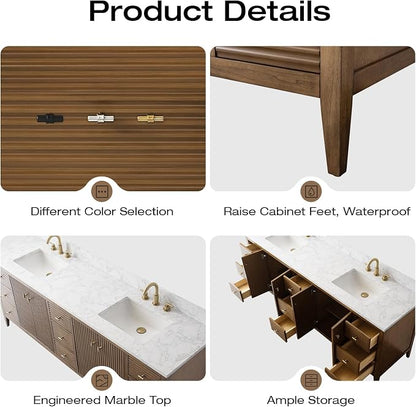 Vanity Art 84 inch Bathroom Vanity with Double Sink & Ceramic Top, Vanity Cabinet with Soft-Closing Door, Solid Wood Frame, Linear Pattern, Walnut, Golden Brushed Handware,Walnut