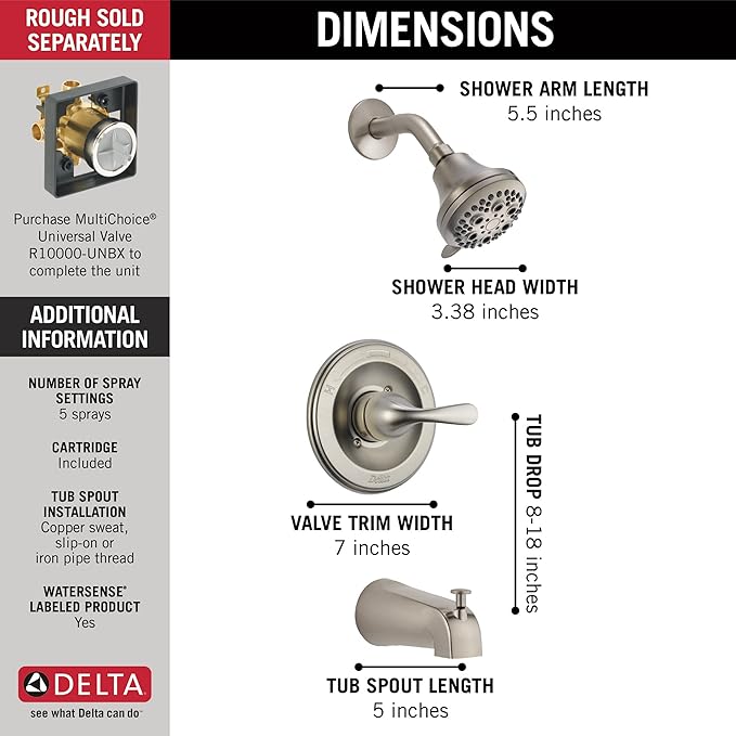 Delta Classic 13 Series 5-Setting Bathtub and Shower Faucet Set, Brushed Nickel Shower Head and Handle Set, Valve Trim Kit, Stainless T13220-SS (Valve Not Included)