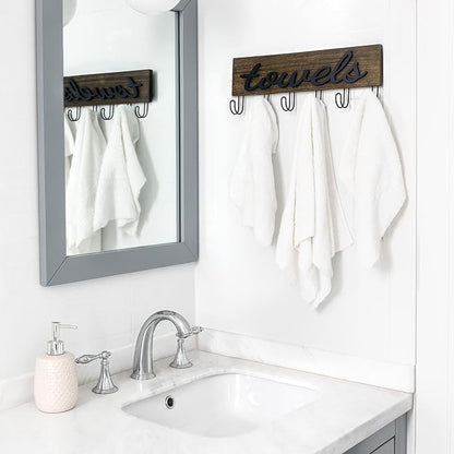 Mkono Wall Mounted Towel Rack, 6 Hooks Rustic Wood Bathroom Towel Hanger | Farmhouse Decor, Space Saving, Decorative Letter Design, Easy Install, Sturdy, Hang Bathrobe clothes, Shower Accessories