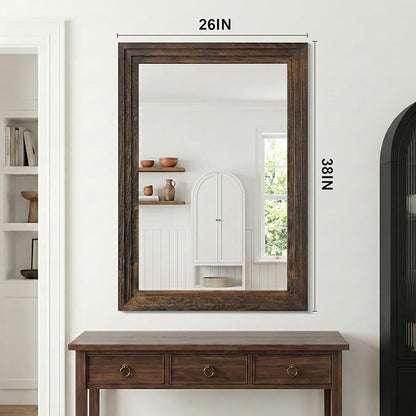 Farmhouse Rustic Wood Framed Bathroom Vanity Mirror for Wall, 26x38, Brown | Recessed Stepped Solid Wood Frame, HD Shatterproof Glass, Vertical/Horizontal Mount, for Bathroom Sink, Living Room, Entryway