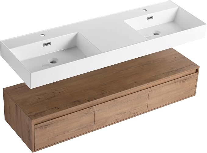 60 Inch Floating Bathroom Vanity with Double Sink, Modern Wall-Mounted Bathroom Cabinet with Resin Sink & Soft Close Drawer, Split-Level Layout (Nature Oak, 60" Double Sink)