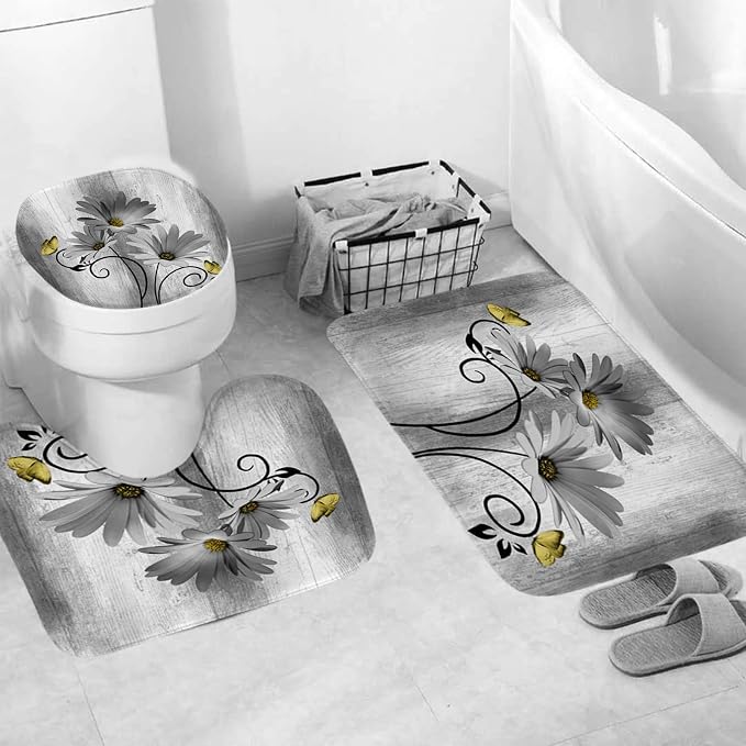 Onalasyc 4PCS Grey Daisy Floral Bathroom Sets with Shower Curtain and Rugs | Country Floral Butterfly Shower Curtain Set,Modern Bathroom Decor Shower Curtains Set with Rugs Toilet Lid Cover and 12 Hooks