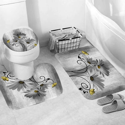 Onalasyc 4PCS Grey Daisy Floral Bathroom Sets with Shower Curtain and Rugs | Country Floral Butterfly Shower Curtain Set,Modern Bathroom Decor Shower Curtains Set with Rugs Toilet Lid Cover and 12 Hooks