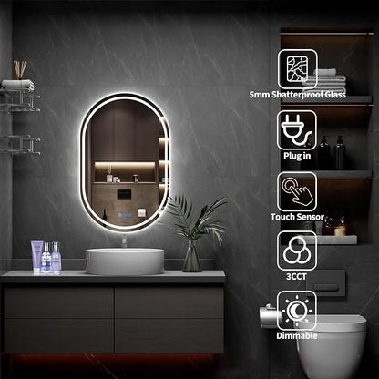 Oval LED Bathroom Mirror, 22"x 36" Frameless Lighted Mirror | LED Mirror with Front Light & Backlit, Anti-Fog, Dimmable Wall Mounted Lighted Mirror, Pill-Shaped Smart Bathroom Mirror