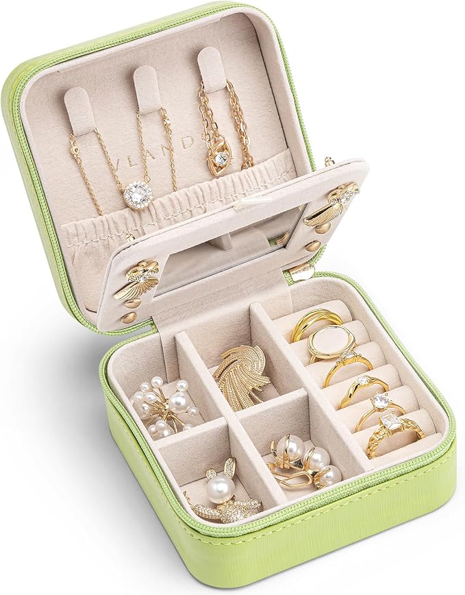 VLANDO Travel Jewelry Case with Mirror, Storage 3 Pairs of Stud Earrings | Necklace Hook for Anti-tangle, Removable Dividers, Waterproof PU Leather,Portable Storage for Rings, Necklace Gifts for Women