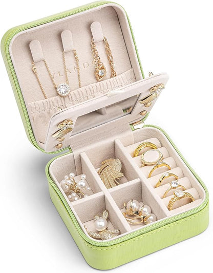 VLANDO Travel Jewelry Case with Mirror, Storage 3 Pairs of Stud Earrings | Necklace Hook for Anti-tangle, Removable Dividers, Waterproof PU Leather,Portable Storage for Rings, Necklace Gifts for Women