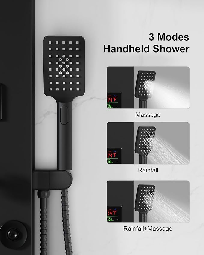 Homevacious 5 In 1 Shower Panel Tower System LED Rain Waterfall Shower Head and Adjustable Massage Body Jets 3 Settings Handheld Head and Tub Spout Stainless Steel Bathroom Panel Matte Black