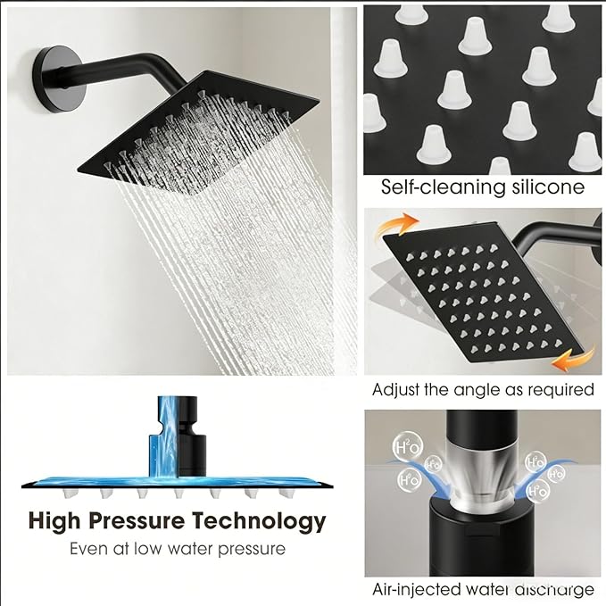 Shower Faucet Set Bathtub Faucet Set with Valve Included Shower Valve Kit with All-Metal High Flow Tub Spout,6 Inch High Pressure Head,Solid Brass Valve Body and Metal Handle Trim,Black