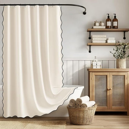ANRODUO Ivory Scalloped Linen Textured Shower Curtain, W72 x L72 | Boho Farmhouse Shower Curtain with 12 Metal Hooks, Machine Washable Waterproof Heavy Duty Fabric for Bathroom Bathtub