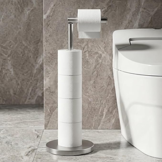 Cesun Weighted Base Free Standing Toilet Paper Holder Stand, Brushed Nickel | SUS304 Rustproof Steel | Thick Non-Slip Base | Swivel Pivot Design | Slim Footprint | Holds 5 Rolls