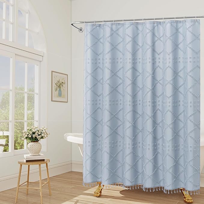 Blue Boho Woven Fabric Shower Curtain with Tassel 72 x 78, Tufted Textured | Modern Farmhouse Curtain for Bathroom, Long Bathroom Curtain, Minimalist Decor, Waterproof