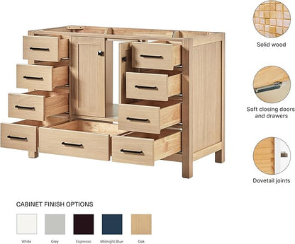 ARIEL Cambridge 48-inch Bathroom Vanity Base Cabinet,Solid Wood, 2 Soft Closing Doors, 9 Dovetail Drawers, White Oak