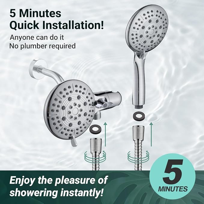 Cobbe® Dual Shower Head Combo, Handheld & Fixed, Brushed Nickel | Two Full-Size Shower Heads, 59'' Stainless Steel Hose, Water Saving with 3-Way Water Diverter, Tool-Free Installation