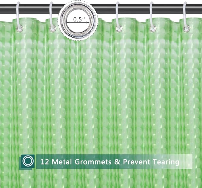 Green Shower Curtain Liner, 100% Waterproof EVA 3D Shower Curtains with 3 Duty Heavy Bottom Magnets and 12 Rust Proof Grommets, 72x72 Weighted Shower Liner for Shower Stall, Bathtubs