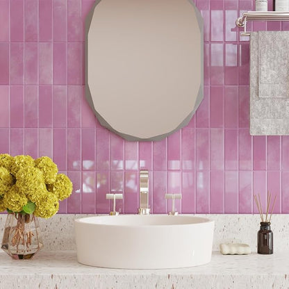 CRE8TIVE 16 Sheets Pink Straight Linear Backsplash Tile for Kitchen Peel and Stick Backsplash for Bathroom Shower Tile Waterproof Renter Friendly Back Splash Stick on Wall Tiles for Fireplace 12"x12"