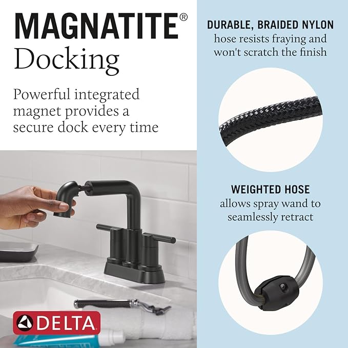 Delta Nicoli Centerset Matte Black Bathroom Faucet with Sprayer, 4 Inch 3 Hole Bathroom Sink Faucet with Pull Out Sprayer, Push-Pop Drain, Matte Black 25849LF-BLPD