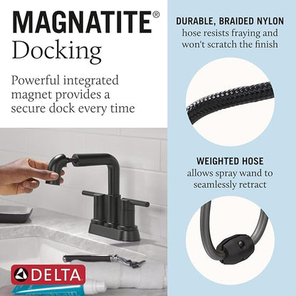 Delta Nicoli Centerset Matte Black Bathroom Faucet with Sprayer, 4 Inch 3 Hole Bathroom Sink Faucet with Pull Out Sprayer, Push-Pop Drain, Matte Black 25849LF-BLPD
