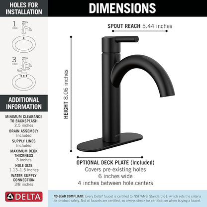 Delta Nicoli Matte Black Bathroom Faucet 1 Hole, Single Hole Bathroom Sink Faucet for Vanity, Push-Pop Drain Assembly, Matte Black 15749LF-BL
