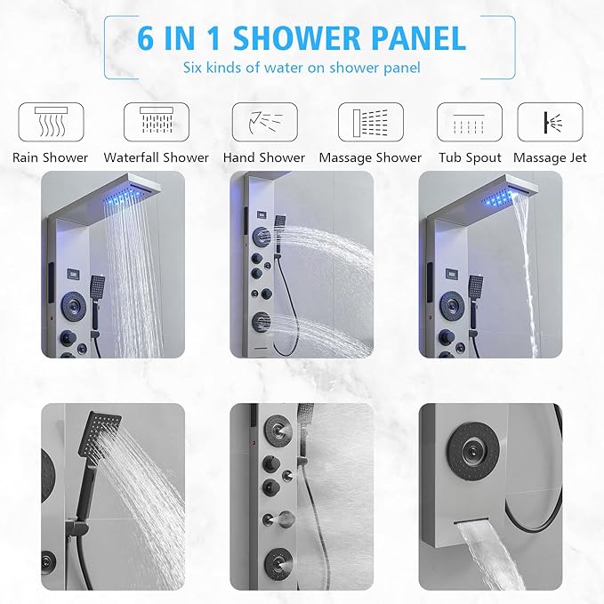 BWE Stainless Steel Shower Panel Tower System,LED Rainfall Waterfall Shower Head,4 Massage Body Jets,3 Functions Handhels Shower and Waterfall Tub Spout,Wall Mounted Shower Panel with Temp Display