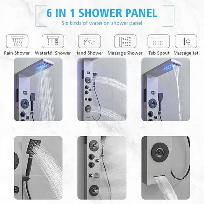 BWE Stainless Steel Shower Panel Tower System,LED Rainfall Waterfall Shower Head,4 Massage Body Jets,3 Functions Handhels Shower and Waterfall Tub Spout,Wall Mounted Shower Panel with Temp Display