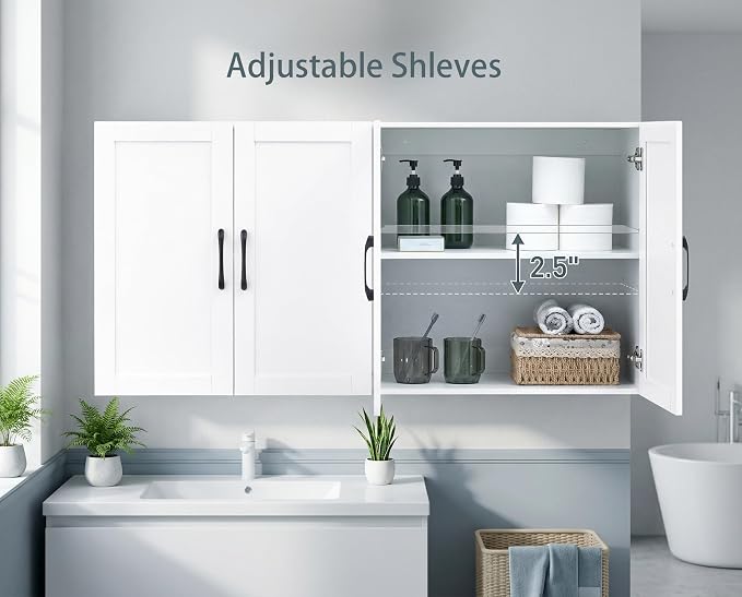 Wall Cabinet with Adjustable Shelves, Laundry Room Cabinet with 4 Doors, Kitchen Storage Cupboard Cabinet, Wall Mount Medicine Cabinet for Bathroom, Living Room, White