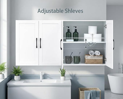 Wall Cabinet with Adjustable Shelves, Laundry Room Cabinet with 4 Doors, Kitchen Storage Cupboard Cabinet, Wall Mount Medicine Cabinet for Bathroom, Living Room, White