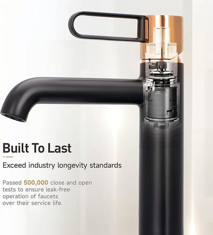 Single Hole Bathroom Faucet | 6.9" Black and Gold Luxury Single Handle Bathroom Faucet with Solid Brass Body, Spot-Free Finish & Anti-Splash Design | 1 or 3 Hole | Easy Installation