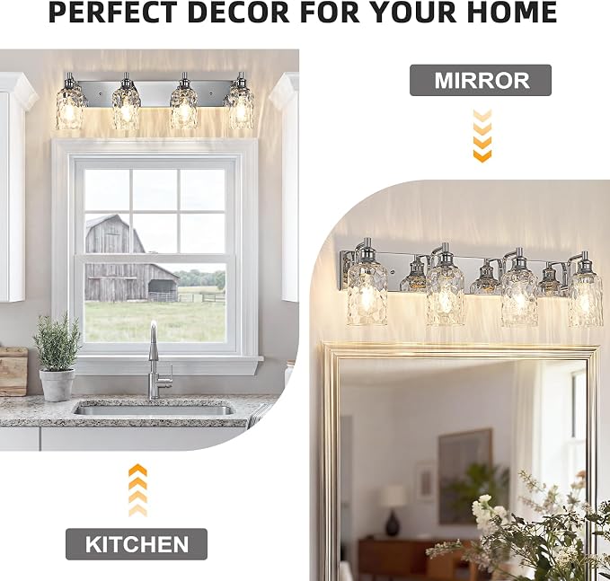 Bathroom Light Fixtures Over Mirror, 4 Lights Vanity Lights with Hammered Glass Shade, 30.8" Chrome Farmhouse Bathroom Light Fixtures for Bedroom, Porch, Hotel, Mirror Cabinet