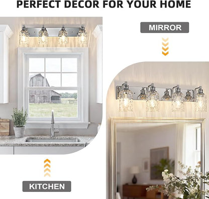 Bathroom Light Fixtures Over Mirror, 4 Lights Vanity Lights with Hammered Glass Shade, 30.8" Chrome Farmhouse Bathroom Light Fixtures for Bedroom, Porch, Hotel, Mirror Cabinet