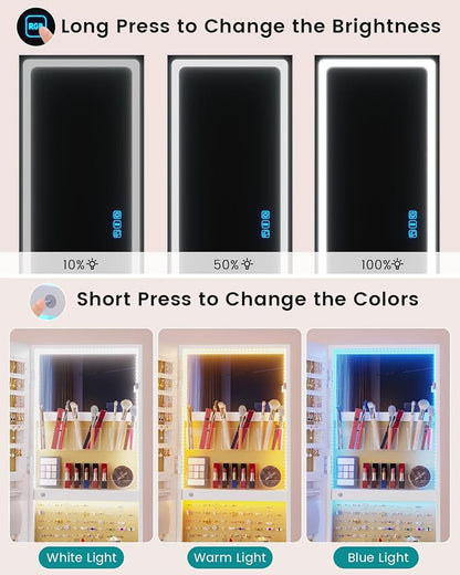 Vlskra Mirror Jewelry Cabinet Standing with Full Length LED Mirror, White | Lockable Jewelry Armoire with 14 RGB Color Modes, Rotating Jewelry Organizer with Dustproof Lock, Gift Idea for Women, Girls