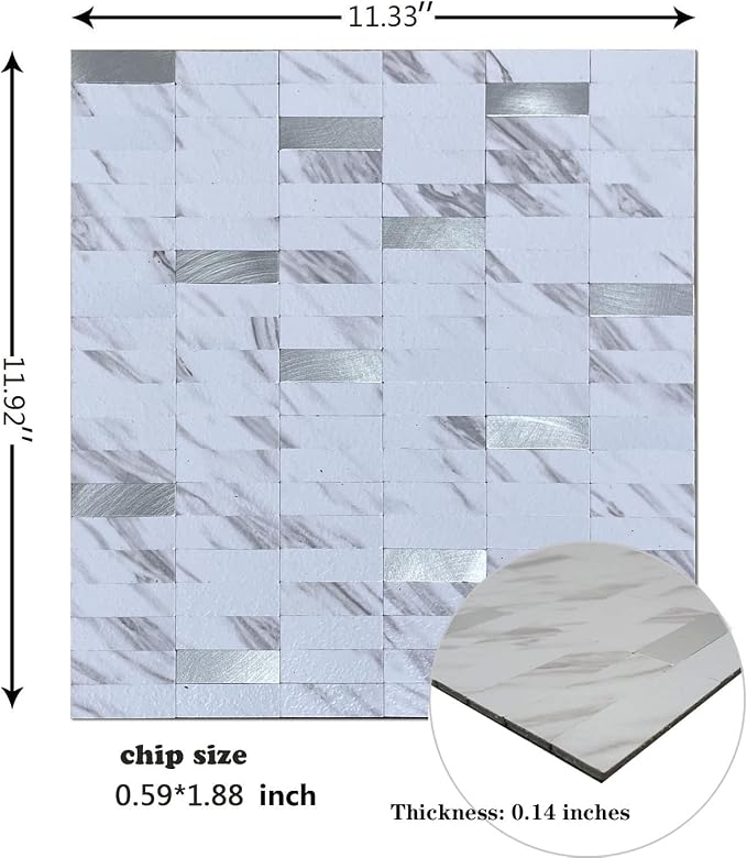 XUANINY Peel and Stick Tile Backsplash Self- Adhesive Wall Tiles Aluminum Mosaic Sticker for Kitchen (11.33"x11.92" Per Sheet, Pack of 10 pcs) (White Marble)