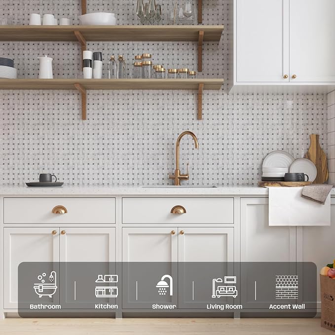 1×2 Inch Basketweave Carrara Marble Mosaic Tile for Kitchen Bathroom Floor | Water & Heat Resistant Polished Marble Backsplash Tiles for Wall Fireplace Surround Durable Unique Veins 2.8SQFT