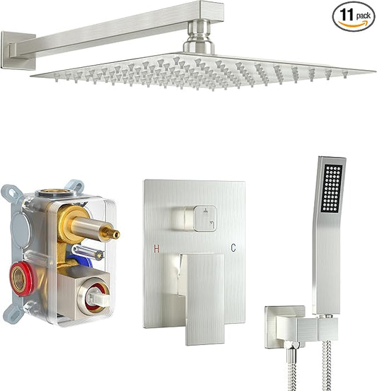 Shower Faucet Set, Shower System with 12 Inch Rain Showerhead and Handheld Shower, Wall Mounted High-Pressure Showerhead Combo Set Included Valve and Trim, Brushed Nickel