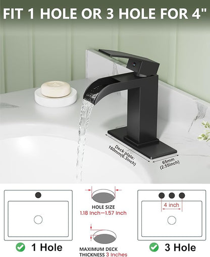 Midanya Waterfall Bathroom Faucet, Single Handle Bathroom Sink Faucet for Sink 1 or 4 Inch 3 Hole, Stainless Steel Vanity Faucets with Deck Plate and Pop up Drain,Matte Black