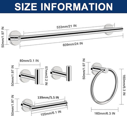 NearMoon 5 Pieces Bathroom Hardware Set SUS304 Thicken Stainless Steel-Towel Rack Kit Include 24" Towel Rod + Bath Towel Ring + Toilet Paper Holder + Robe Towel Hooks Bath Accessories (Chrome Finish)