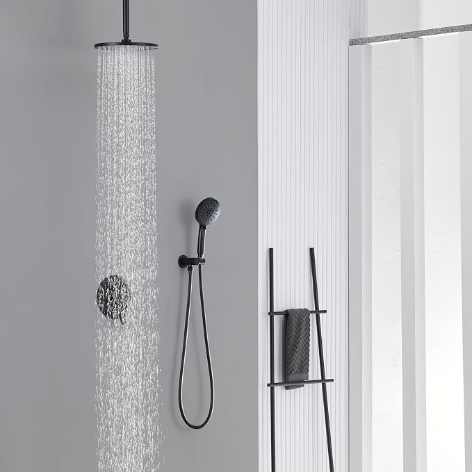 Iriber Shower System Ceiling Mounted Shower Faucet Mixer Set with Luxury High Pressure Shower head and 3-Setting Handheld, Bathroom Shower Trim Kit Contain Pressure Balance Valve,Mattle Black