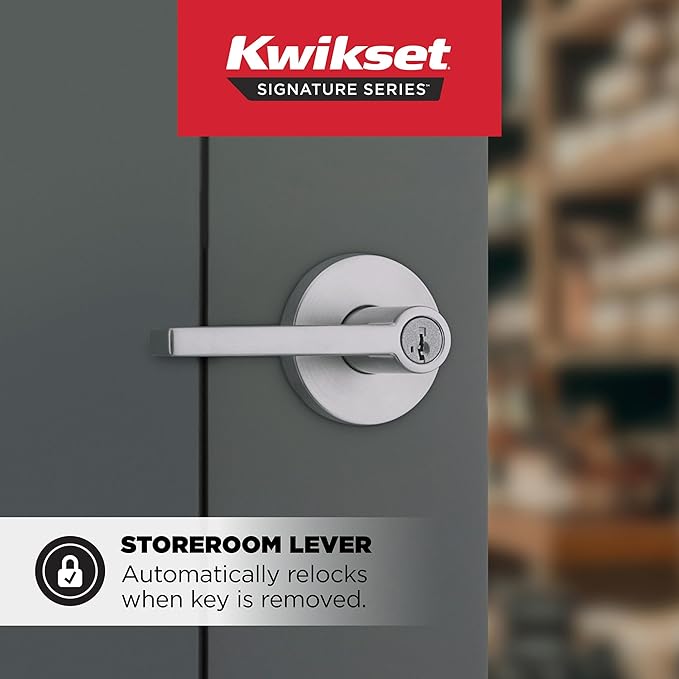 Kwikset Halifax Keyed Storeroom Entry Door Handle with Lock and Key, Secure Keyed Reversible Lever Exterior, for Front Entrance and Bedrooms, Satin Chrome, Pick Resistant Smartkey Rekey Security