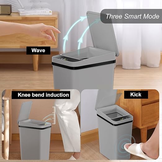 3 PACK - Small Trash Can with Lid for Bathroom - Automatic Trash Cans | Bedroom, Kitchen, Office - 2.5 Gallon Slim Smart Garbage Can Touchless - Motion Sensor Trash can Bathroom ( Grey )