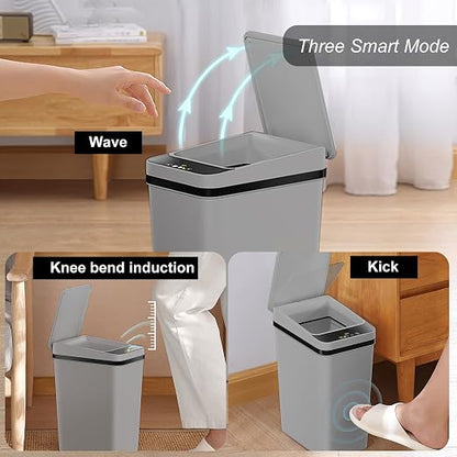 3 PACK - Small Trash Can with Lid for Bathroom - Automatic Trash Cans | Bedroom, Kitchen, Office - 2.5 Gallon Slim Smart Garbage Can Touchless - Motion Sensor Trash can Bathroom ( Grey )