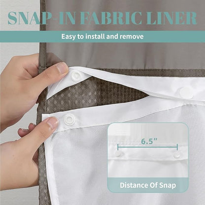 eachope No Hook Waffle Shower Curtain with Snap-in Liner, 71x74 Inch, Brown | 230 GSM waffle weave fabric, waterproof liner set with 2 bottom magnets, mesh top window, washable, for bathroom or hotel use