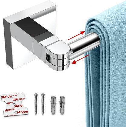 RUACQ Adjustable Towel Bar, Adhesive or Drill Wall Mount Towel Rack, Chrome | Adjust 15.8 to 26 Inch Towel Racks for Bathroom, 304 Stainless Steel Bath Towel Holder, Rustproof, Square Base, Heavy Duty