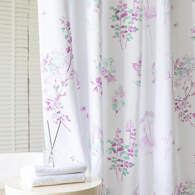 Lavender Purple and White Small Stall Shower Curtain,Waterproof Fabric Lilac and Sage Green Cottagecore Girls Shower Curtains for Bathroom Set with Hooks 36x72