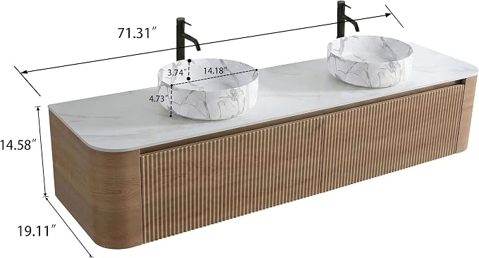 72" Preassembled Double Floating Bathroom Vanity with Carrara Sink, Oak | Mid-Century Modern Style, Fluted & Soft-Close Drawer with U-shaped Wall, Sinterted Stone Countertop, Towel Rack Included