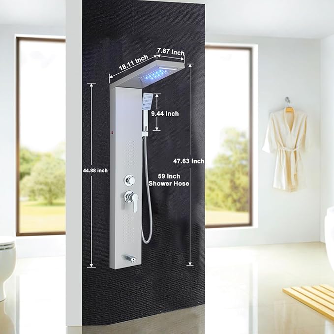 Shower Panel Wall Mount Shower Tower with Body Shower Jets LED Shower Head Rainfall Shower Panels System Stainless Steel Shower Faucet Set, Brushed Nickel