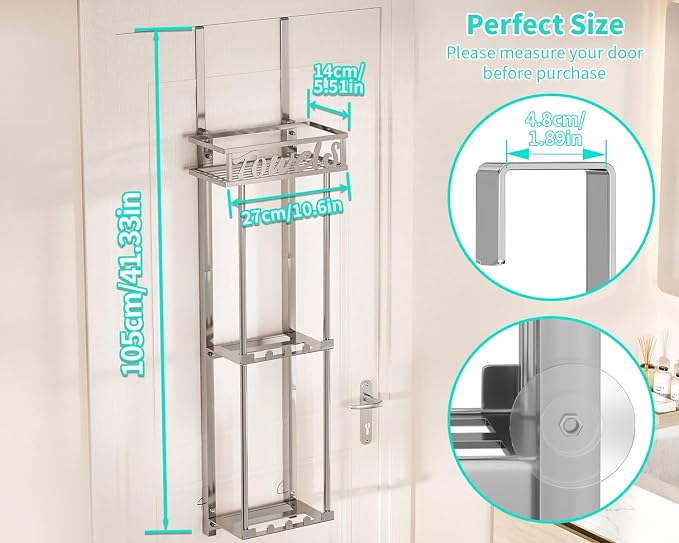 HapiRm Towel Rack Bathroom Storage - 3 Tier Over The Door & Wall Mounted Rolled Towel Racks Holder Organizer with Metal Shelf and 6 Hooks for Small Bathroom, Camper, Rv - Sliver