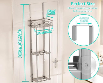 HapiRm Towel Rack Bathroom Storage - 3 Tier Over The Door & Wall Mounted Rolled Towel Racks Holder Organizer with Metal Shelf and 6 Hooks for Small Bathroom, Camper, Rv - Sliver